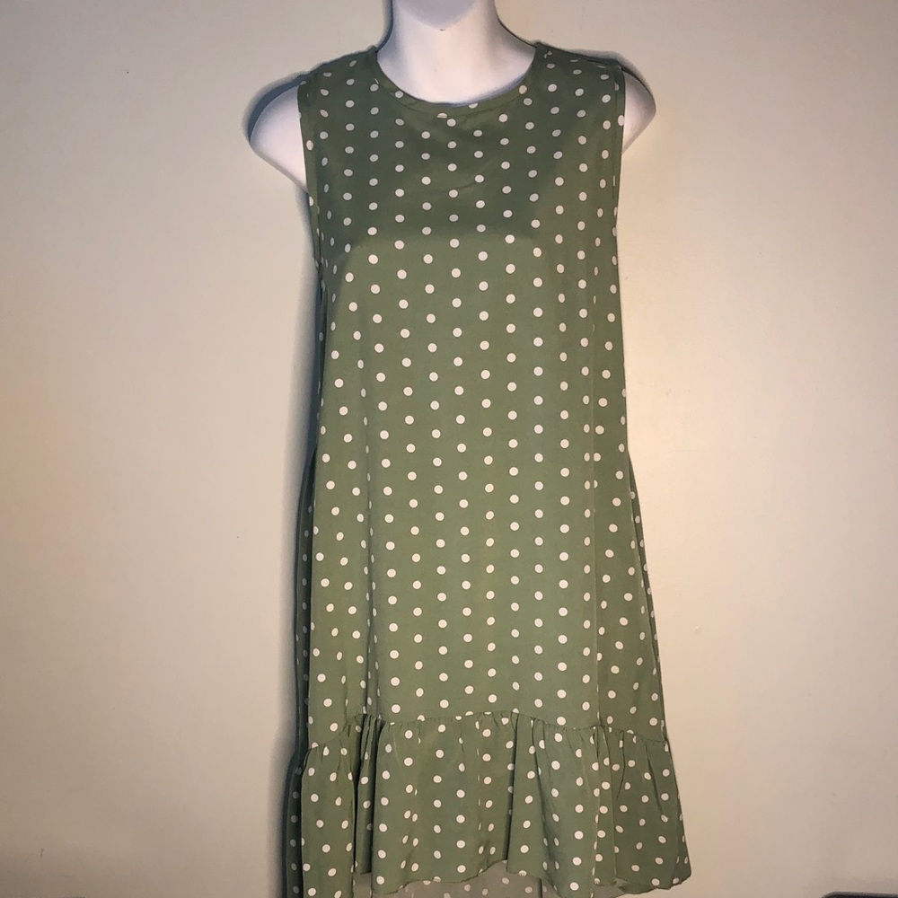 Sleeveless Olive Green Polka Dot Ruffle Hem Dress (NWOT)